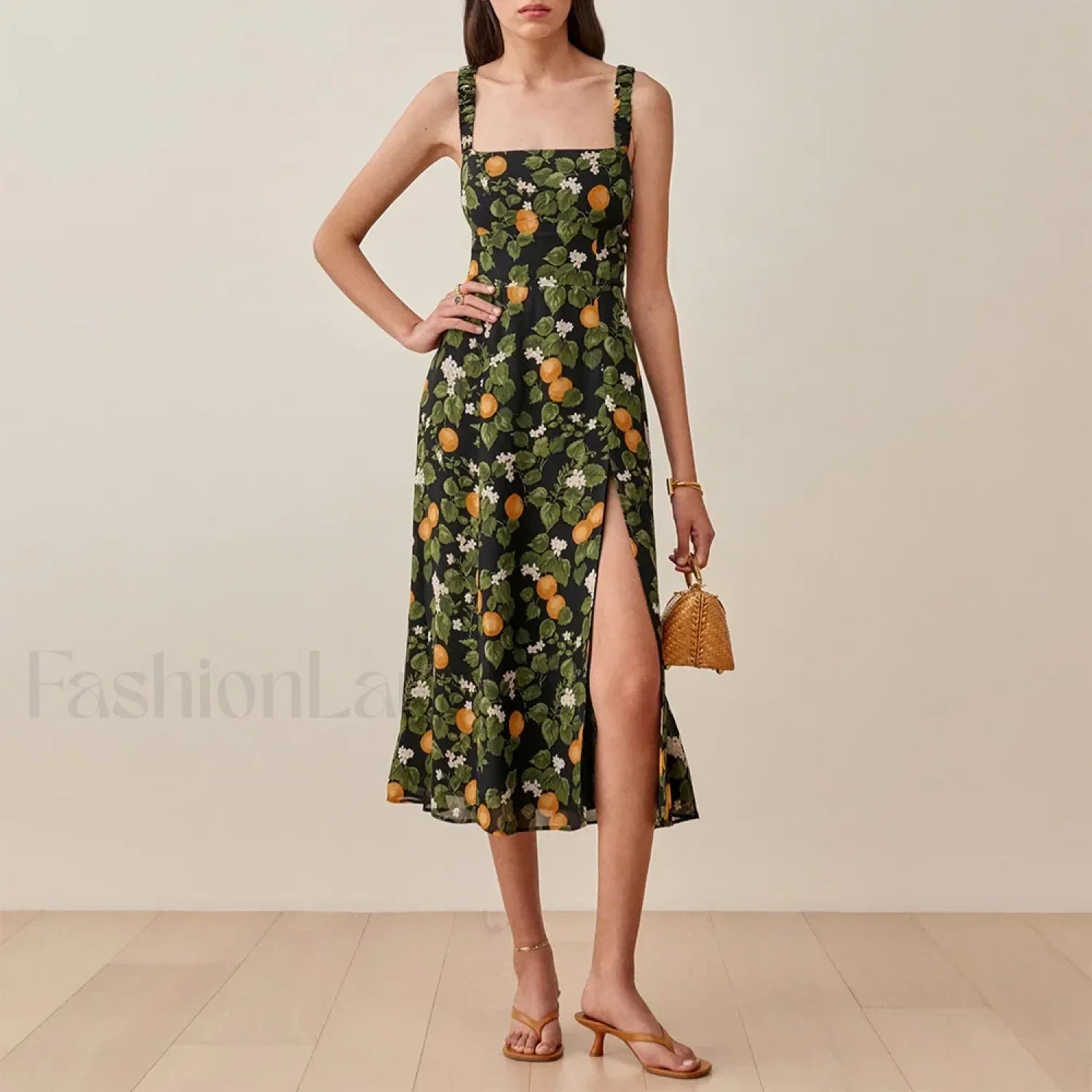 Vintage Print Chiffon Beach Dress Sleeveless Side Slit Floral Dress green / S