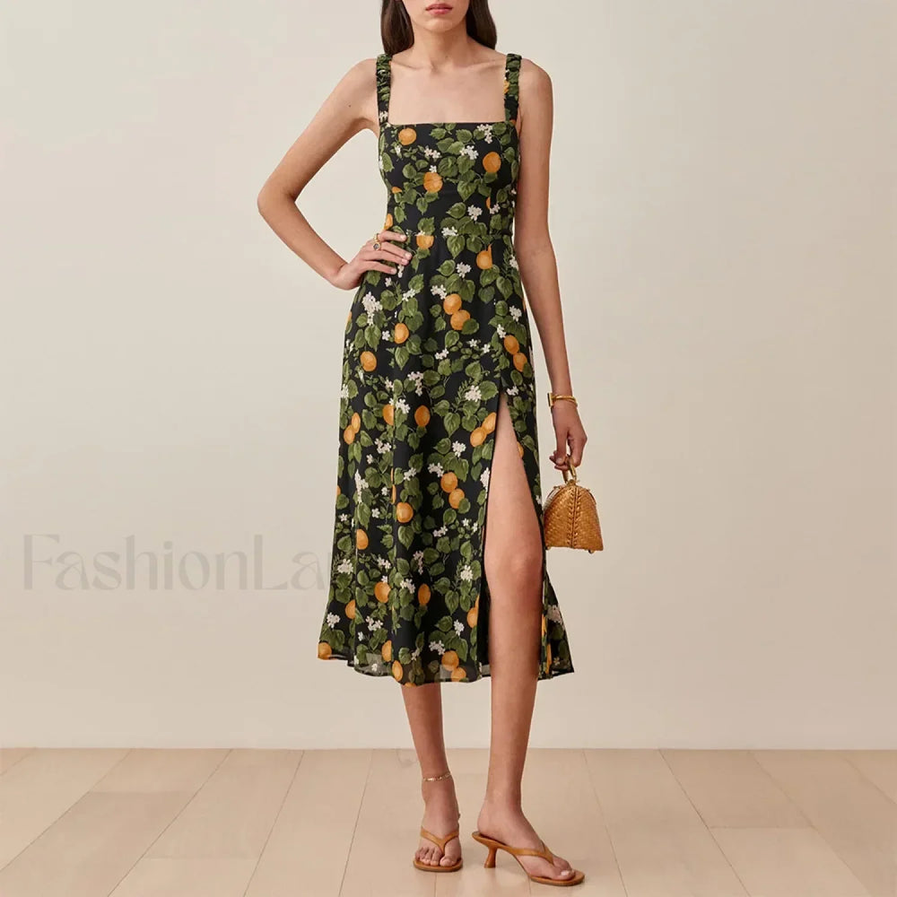 Vintage Print Chiffon Beach Dress Sleeveless Side Slit Floral Dress green / S