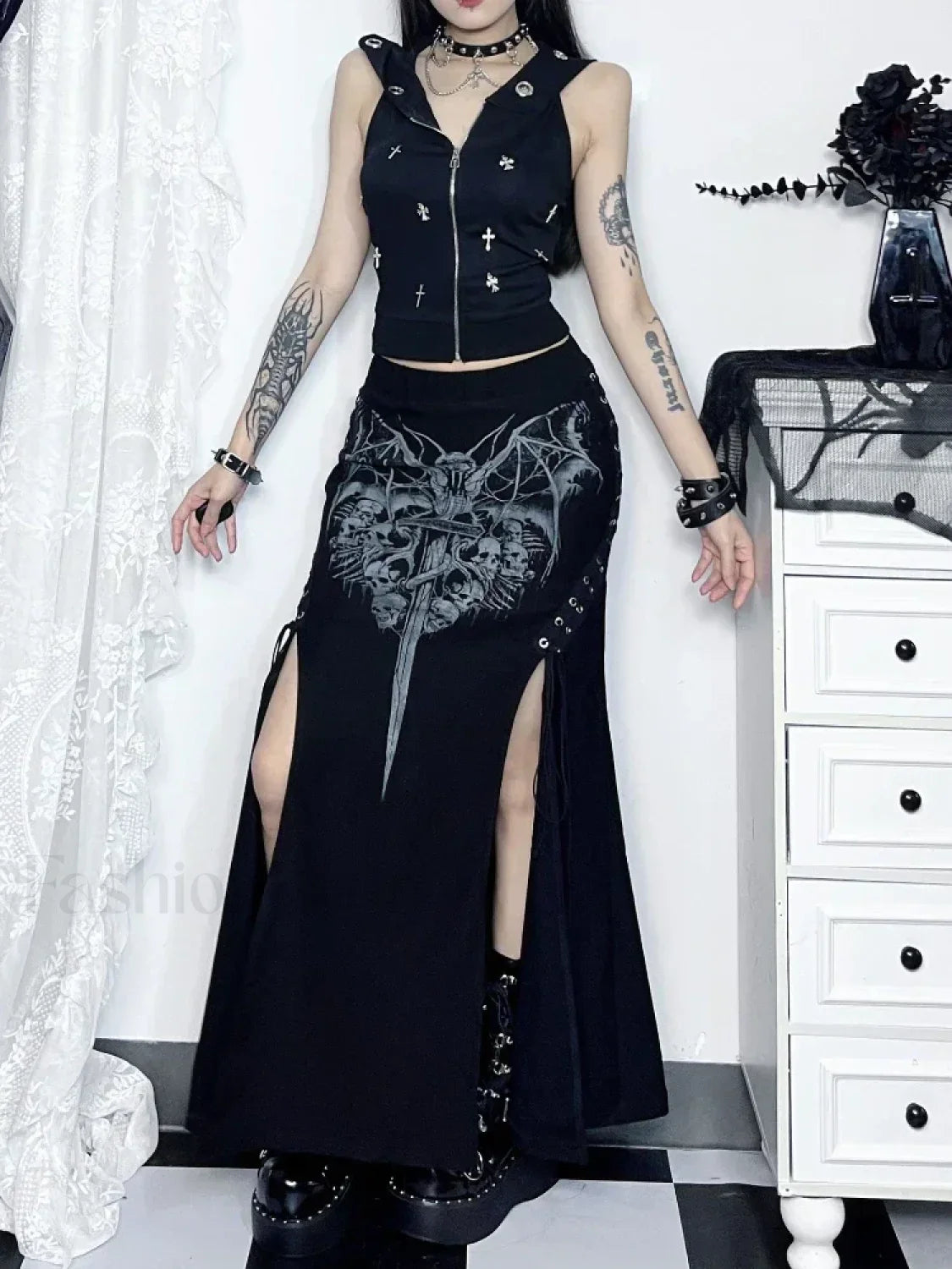 Vintage Print High Waist Mermaid Maxi Gothic Skirt with Sexy High Slit