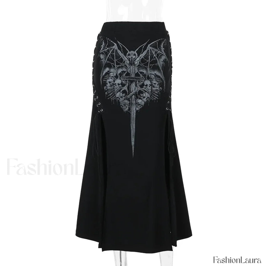 Vintage Print High Waist Mermaid Maxi Gothic Skirt with Sexy High Slit Black / S