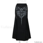 Vintage Print High Waist Mermaid Maxi Gothic Skirt with Sexy High Slit Black / S