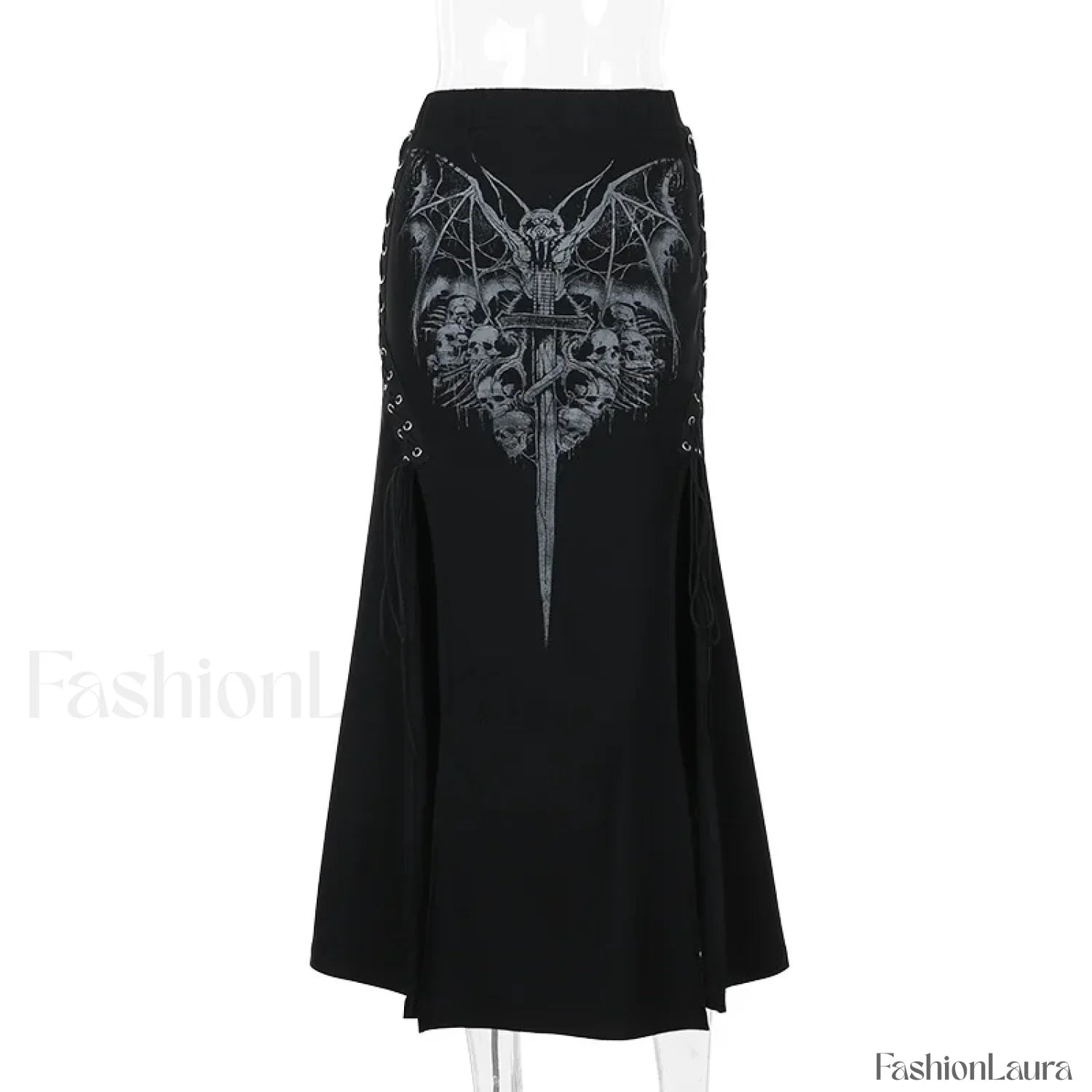 Vintage Print High Waist Mermaid Maxi Gothic Skirt with Sexy High Slit Black / S