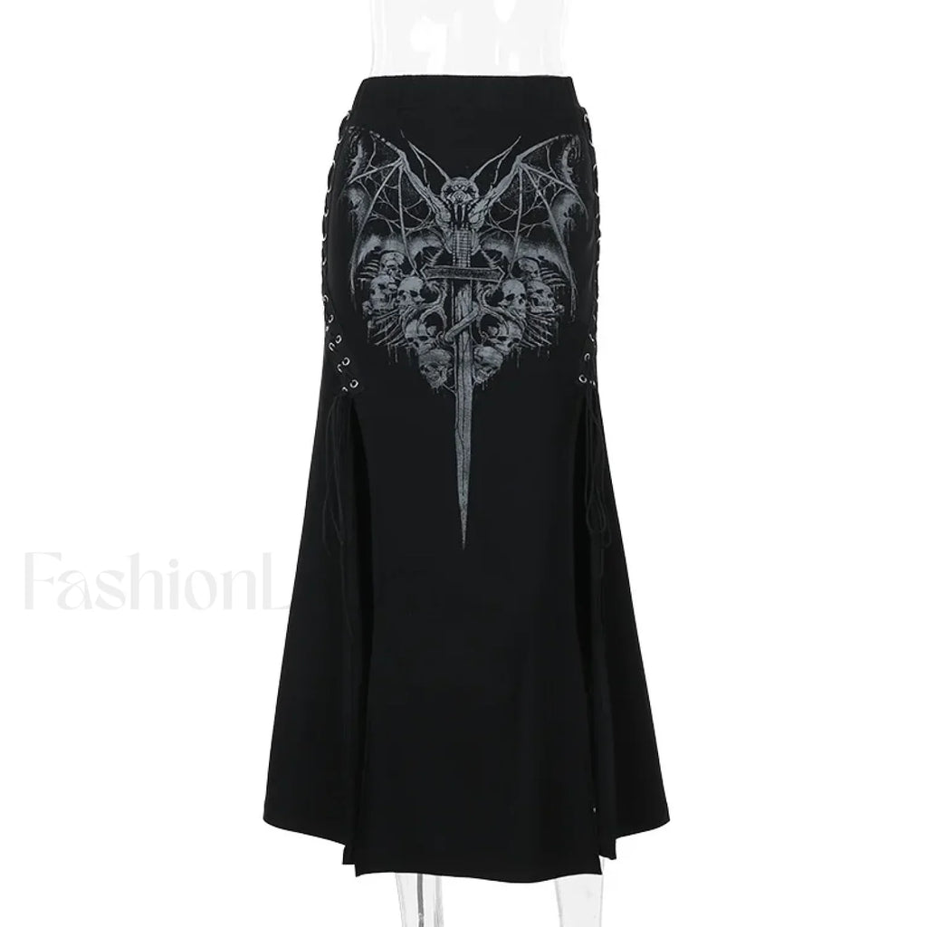 Vintage Print High Waist Mermaid Maxi Gothic Skirt with Sexy High Slit Black / S