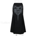 Vintage Print High Waist Mermaid Maxi Gothic Skirt with Sexy High Slit Black / S