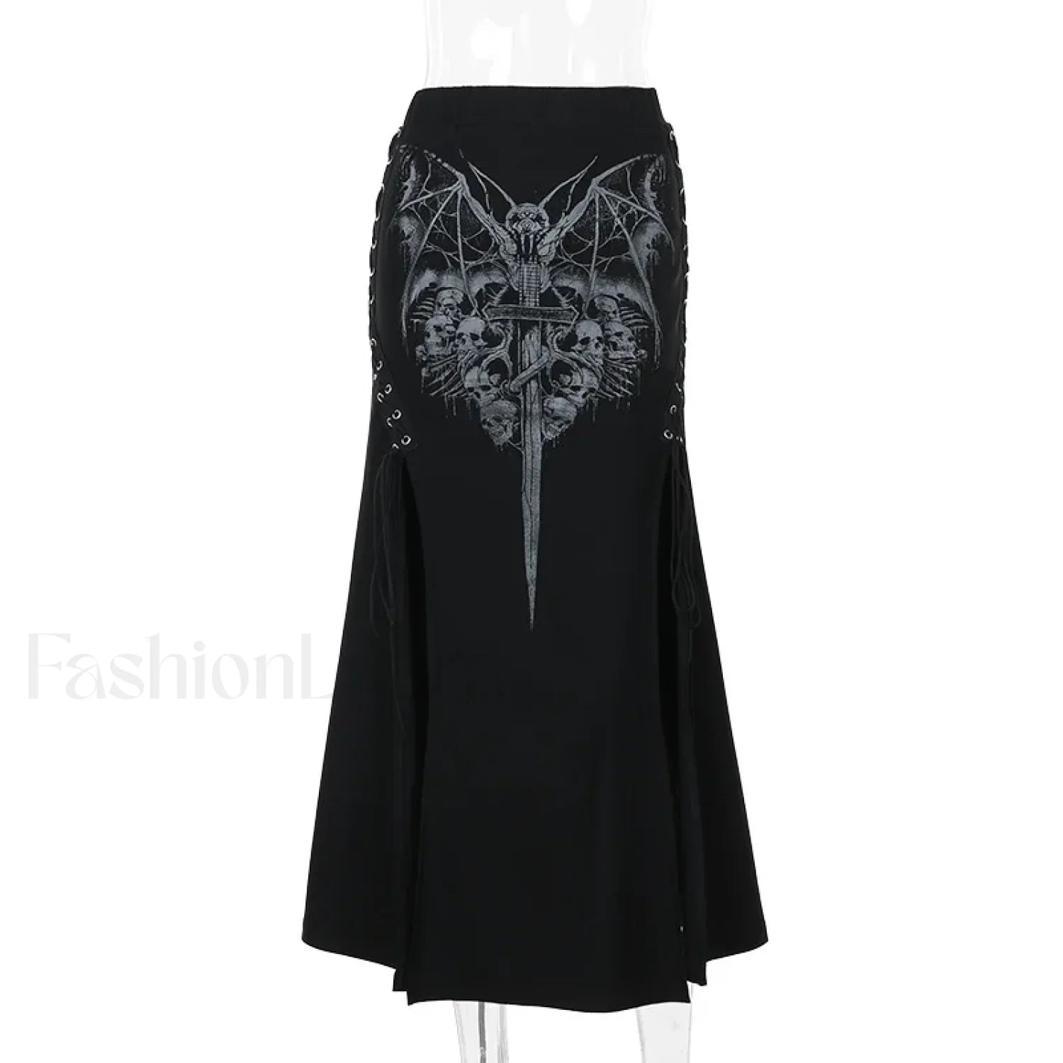 Vintage Print High Waist Mermaid Maxi Gothic Skirt with Sexy High Slit Black / S