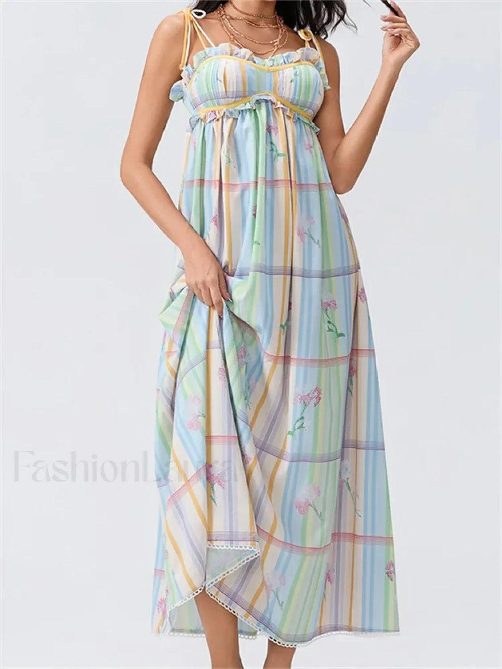 Vintage Ruched Print Strap Maxi Dress