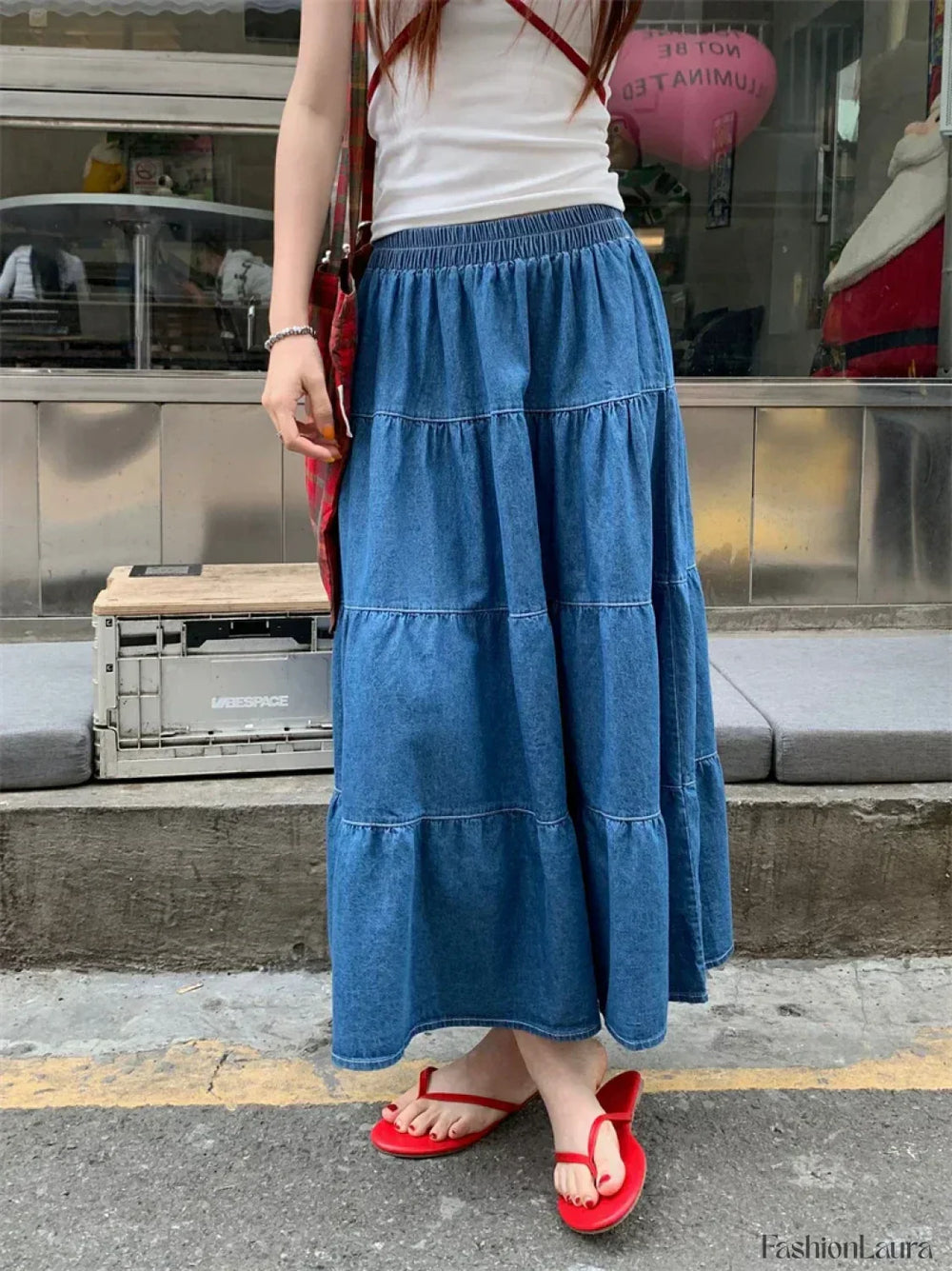 Vintage Ruffle Hem Korean Casual Elastic Waist Long Skirt Blue / One Size