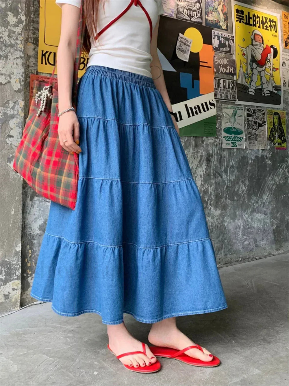 Vintage Ruffle Hem Korean Casual Elastic Waist Long Skirt Blue / One Size