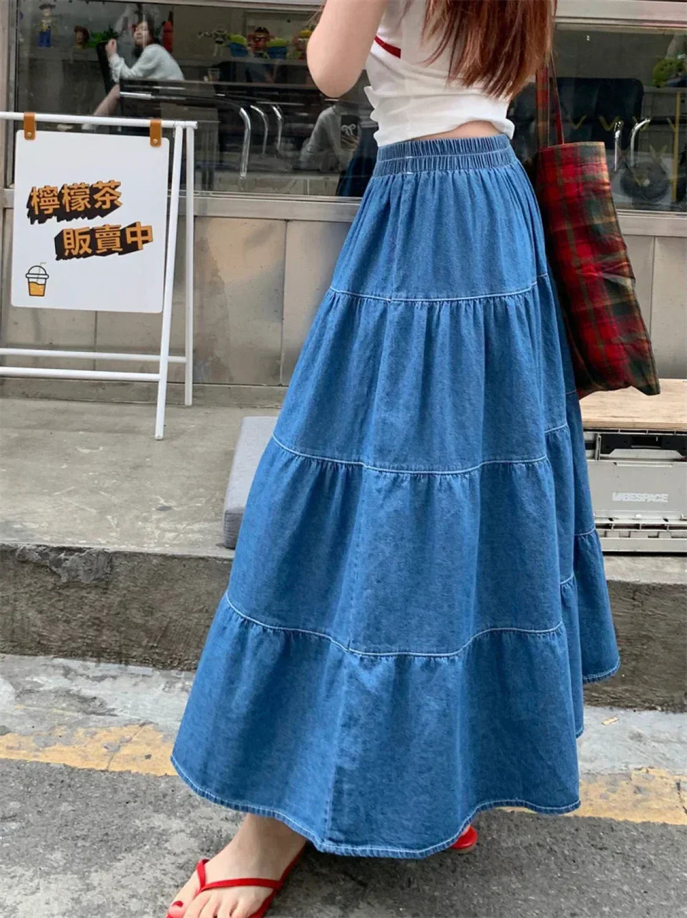 Vintage Ruffle Hem Korean Casual Elastic Waist Long Skirt Blue / One Size