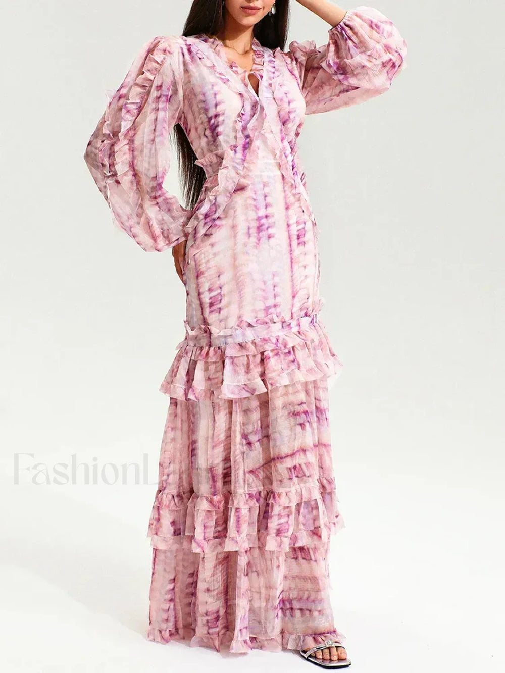 Vintage Ruffle Puff Maxi Dress Pink / S