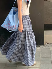 Vintage Ruffled Plaid Elastic Waist A Line Skirt Blue / One Size