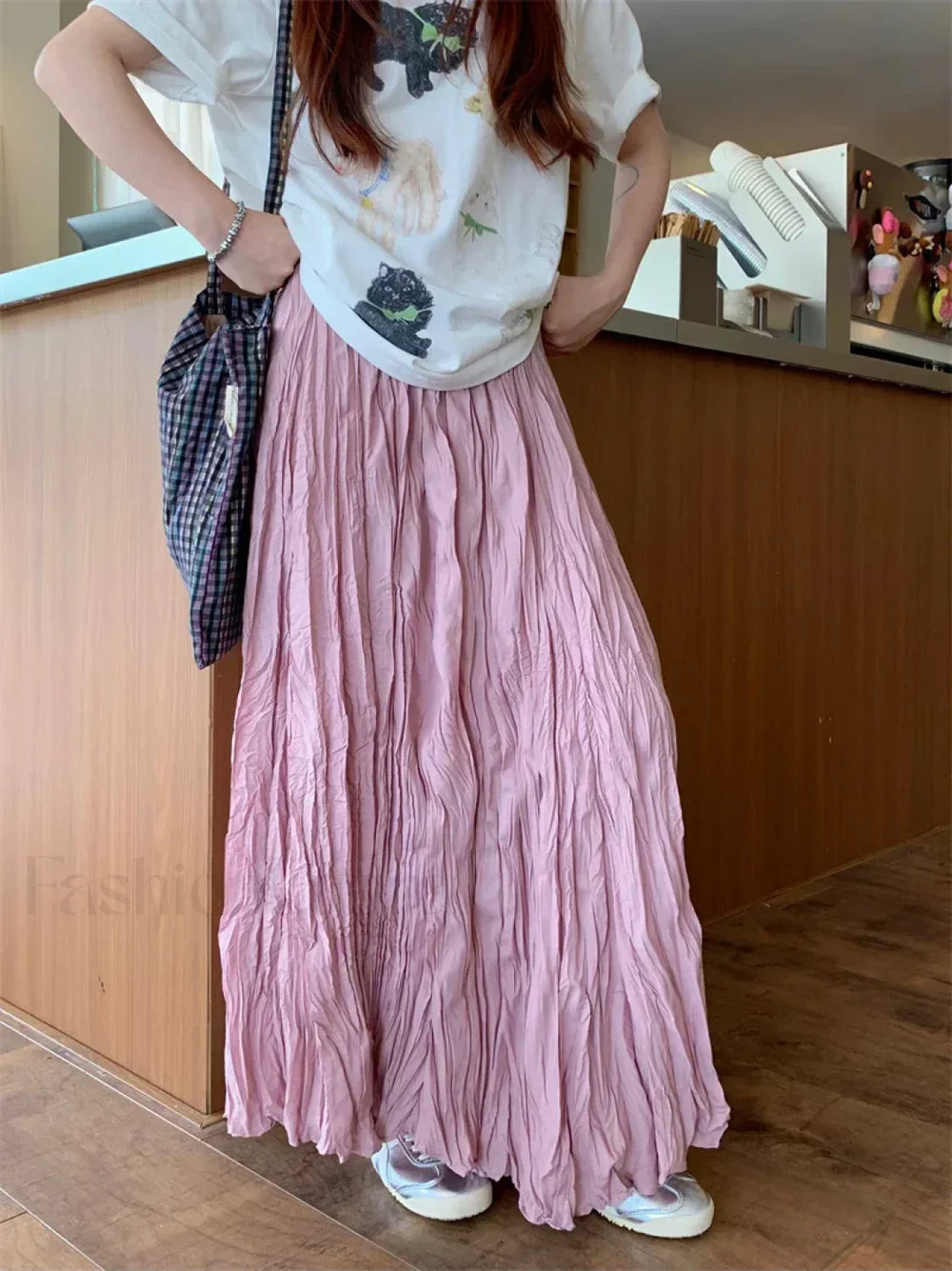 Vintage Solid Pleated Long A Line Skirt Pink / One Size