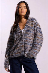 Vintage Stripe V neck Knit Cardigan Grey / S