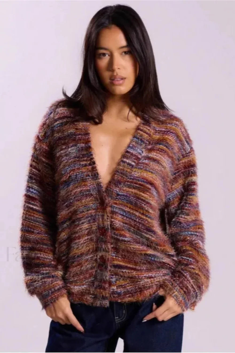 Vintage Stripe V neck Knit Cardigan Red / S