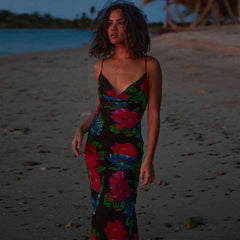 Vintage Style Floral Printed Cowl Neck Slip Maxi Dress Black L / Black Vacation Dresses