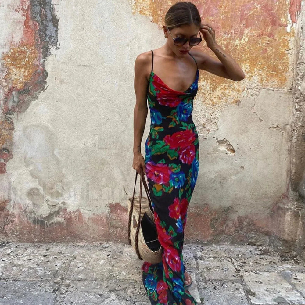 Vintage Style Floral Printed Cowl Neck Slip Maxi Dress Black S / Black Vacation Dresses