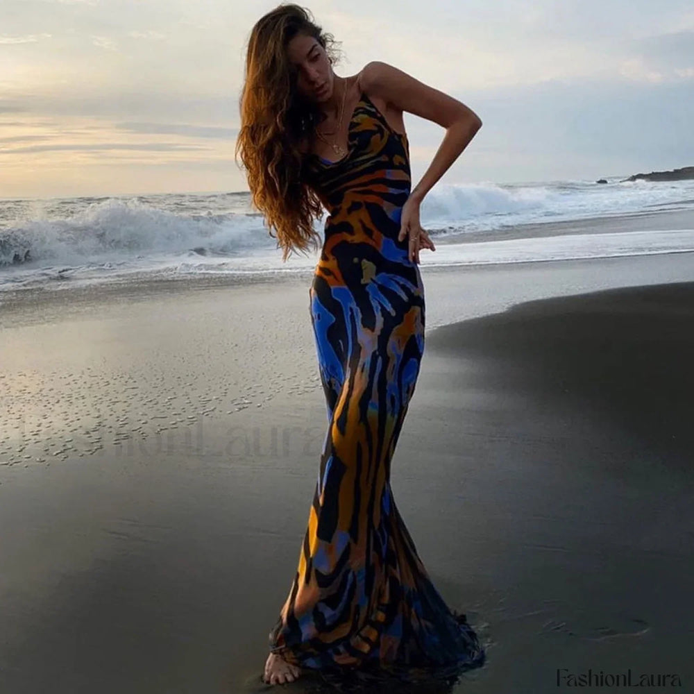 Vintage Style Striped Printed Cowl Neck Slip Maxi Dress Black S / Black Vacation Dresses