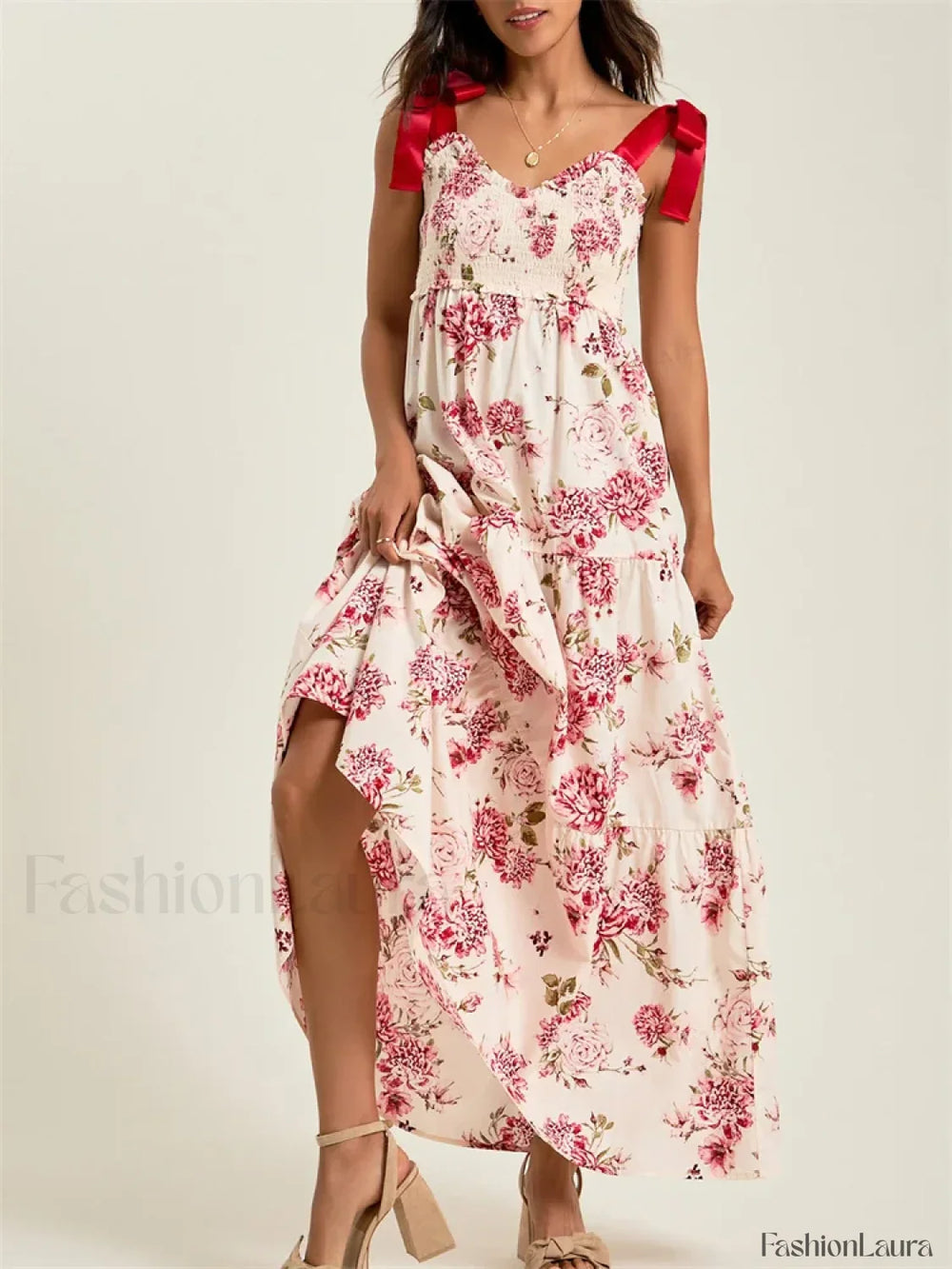 Vintage Tie Up Strap Floral Dress red / S