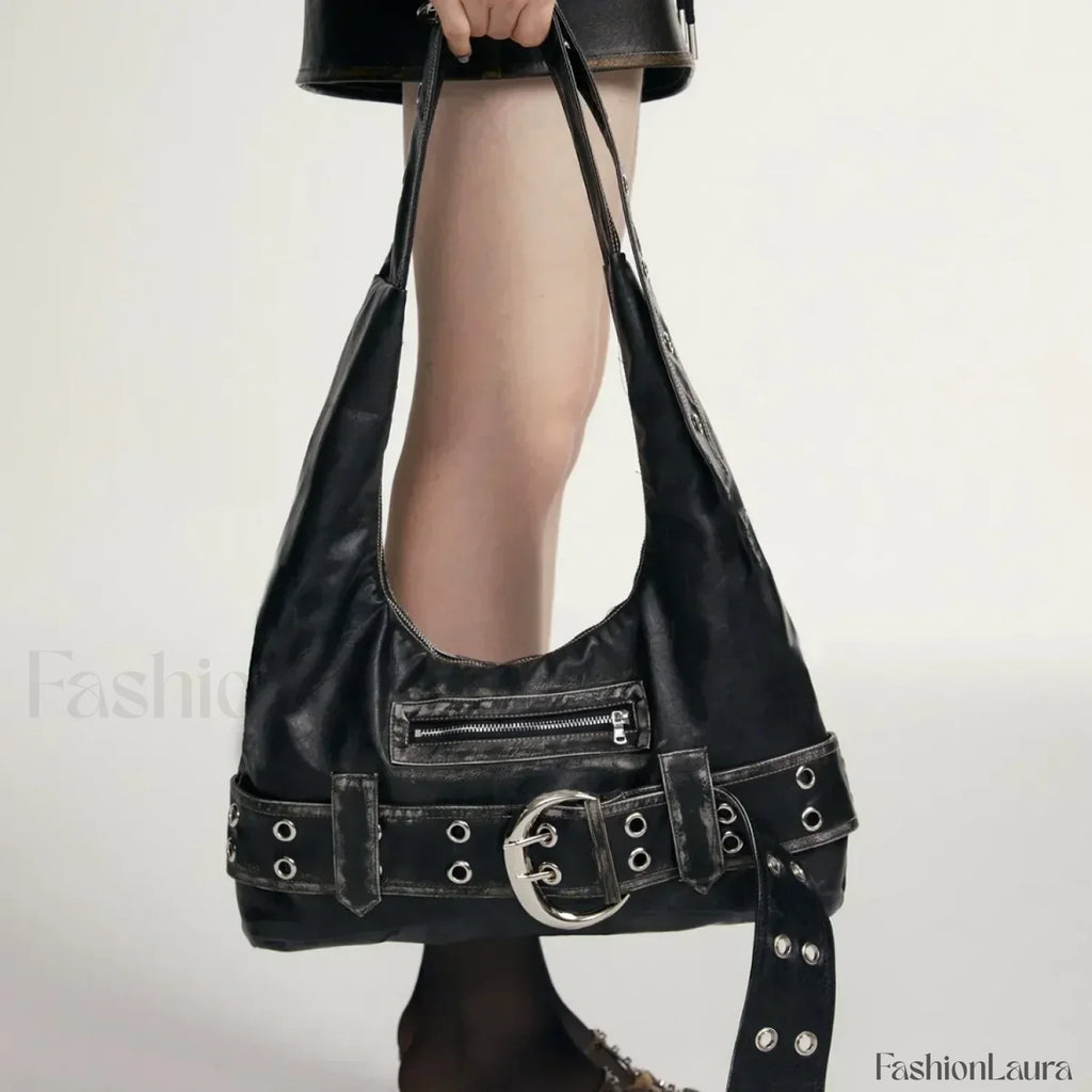 Vintage Y2K Gothic Aged Leather New Luxury Designer Bag Black / 37X19X7cm