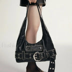 Vintage Y2K Gothic Aged Leather New Luxury Designer Bag Black / 37X19X7cm