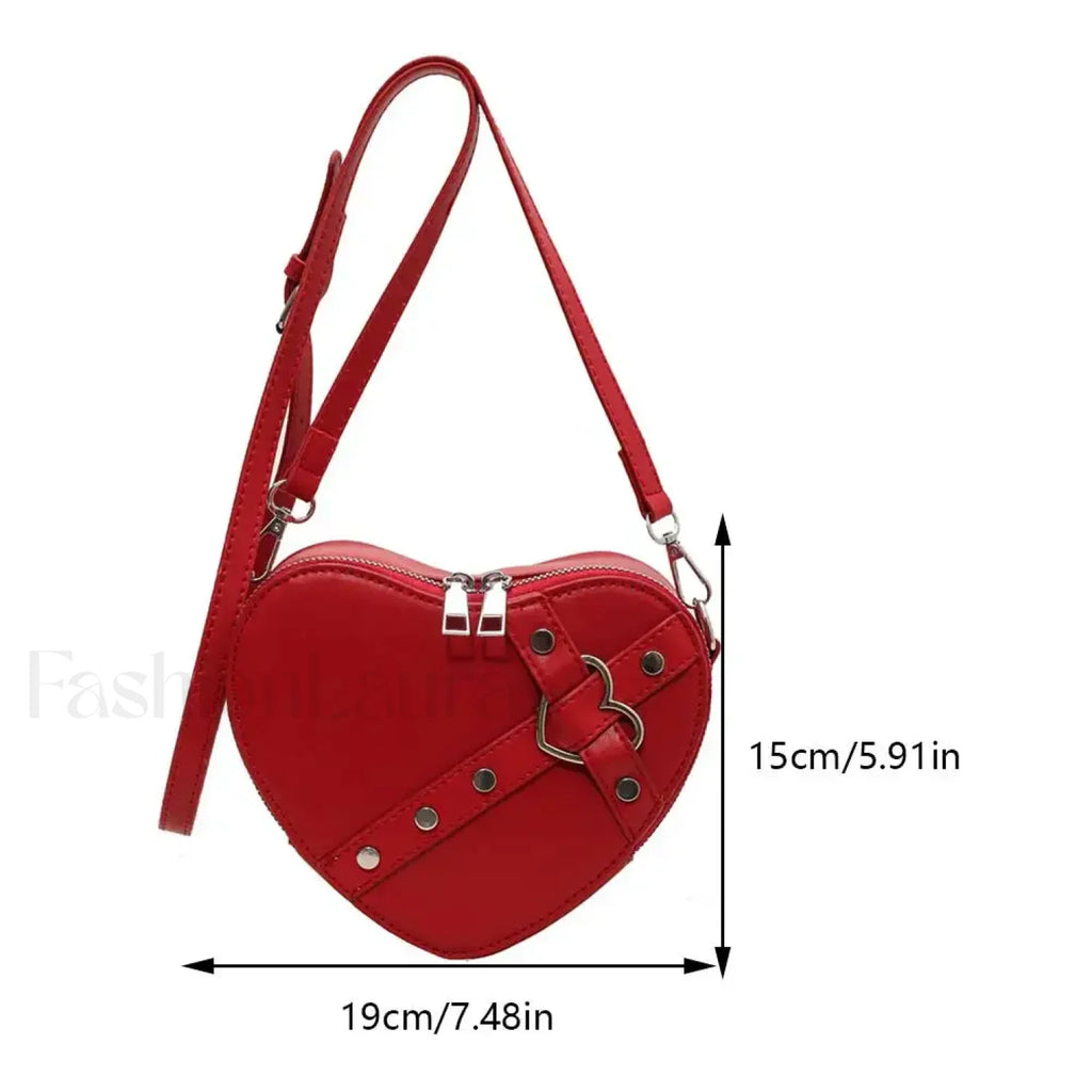 Vintage Y2K Small Chain Rivet Heart Shaped Red PU Bag