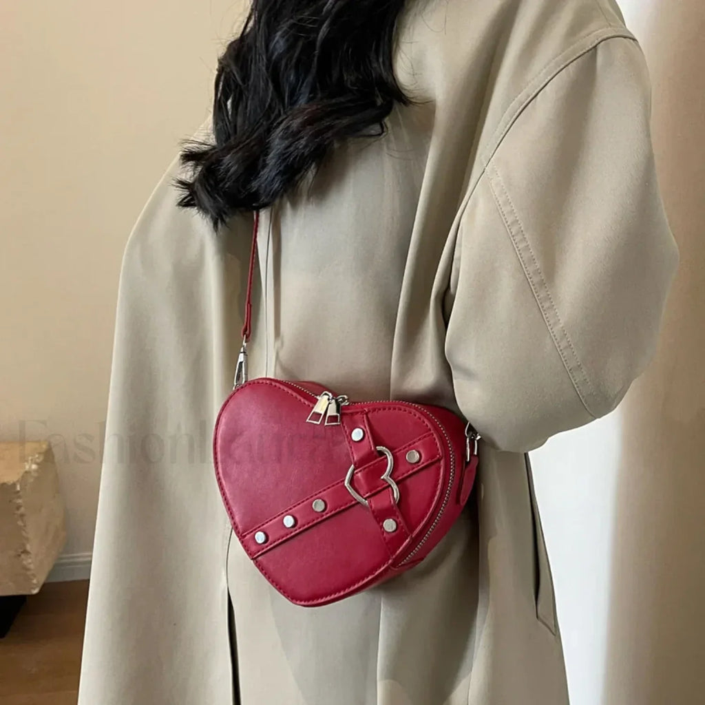 Vintage Y2K Small Chain Rivet Heart Shaped Red PU Bag