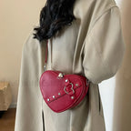 Vintage Y2K Small Chain Rivet Heart Shaped Red PU Bag