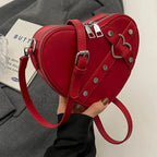 Vintage Y2K Small Chain Rivet Heart Shaped Red PU Bag Wine Red