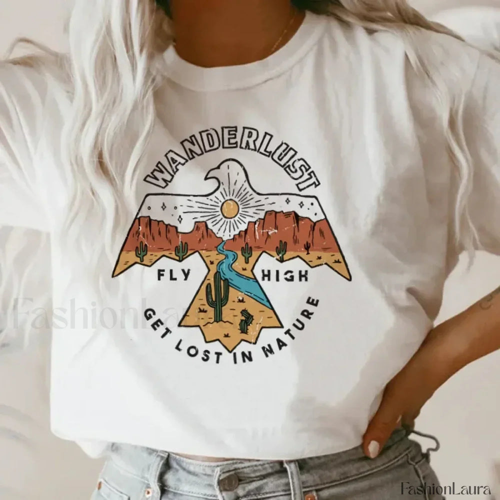 Wanderlust Letter Print Hiking Wilderness T Shirt WHITE / S