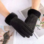 Warm Winter Fur Full Finger Windproof Driving Outdoor Screen Women Christmas Glove Black