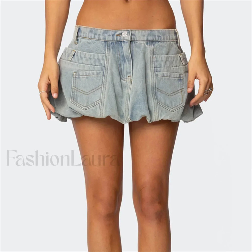 Washed Button Denim Skirt