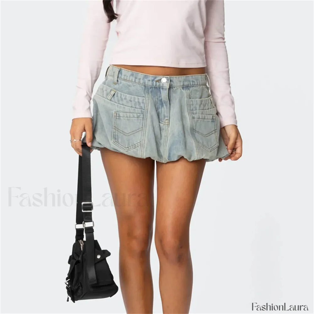 Washed Button Denim Skirt Light Blue / S