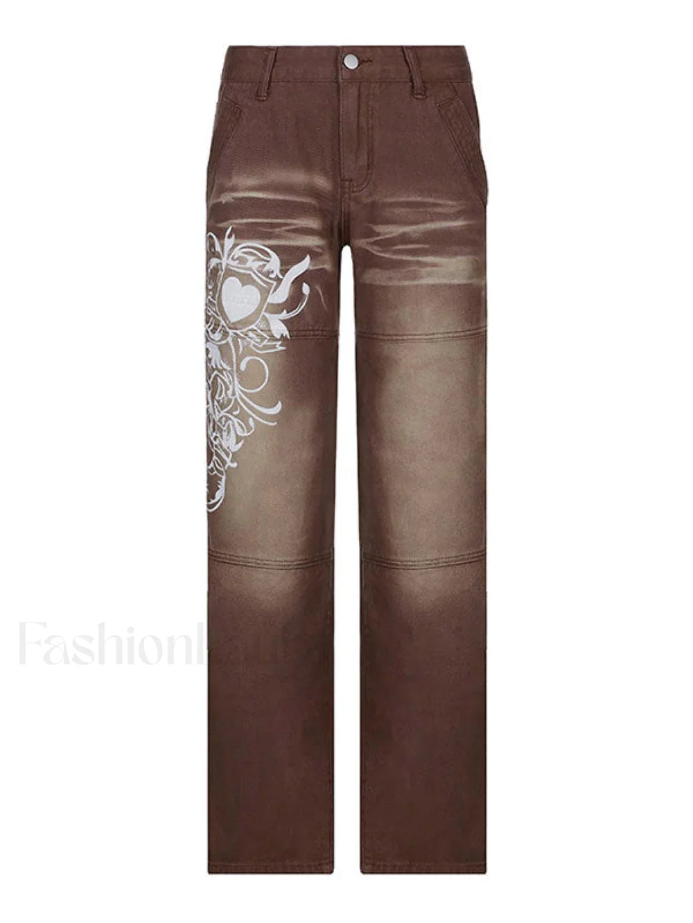 Washed Heart Pattern Cargo Jeans Cargo Jeans