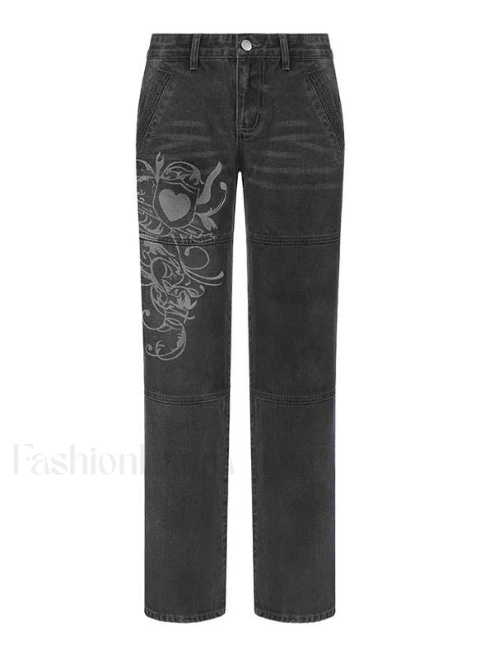 Washed Heart Pattern Cargo Jeans Cargo Jeans