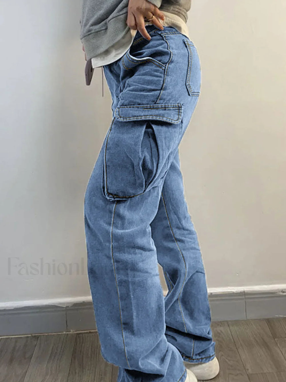 Washed Mid Waist Pocket Cargo Jeans Cargo Jeans