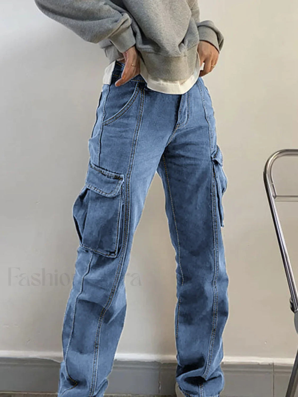 Washed Mid Waist Pocket Cargo Jeans Cargo Jeans