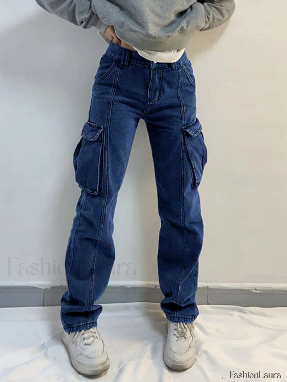 Washed Mid Waist Pocket Cargo Jeans Cargo Jeans