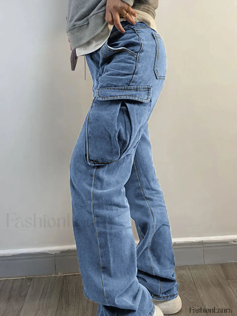 Washed Mid Waist Pocket Cargo Jeans Cargo Jeans