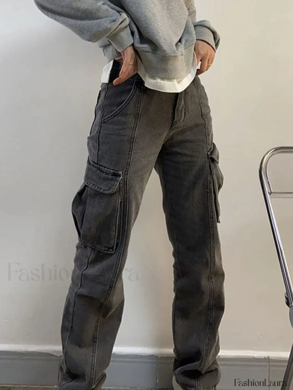 Washed Mid Waist Pocket Cargo Jeans Cargo Jeans