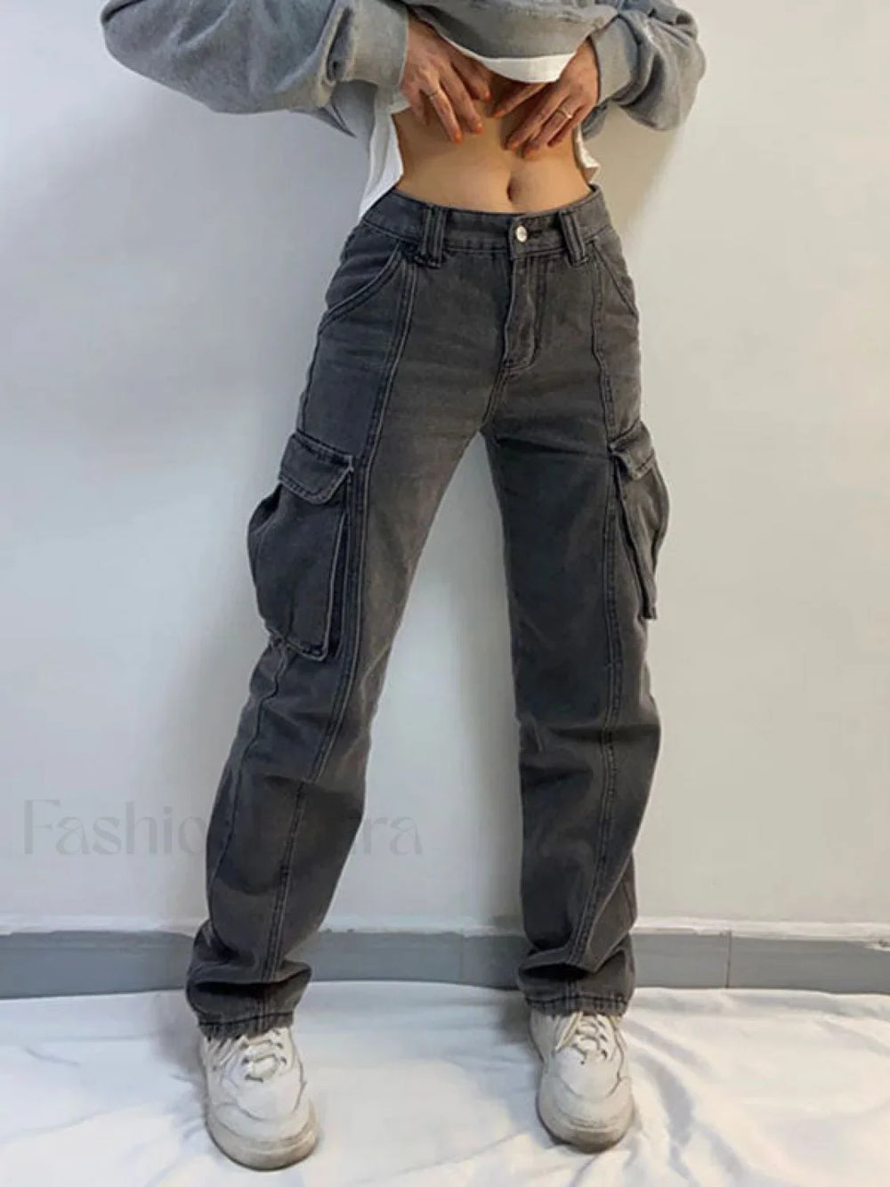 Washed Mid Waist Pocket Cargo Jeans Cargo Jeans
