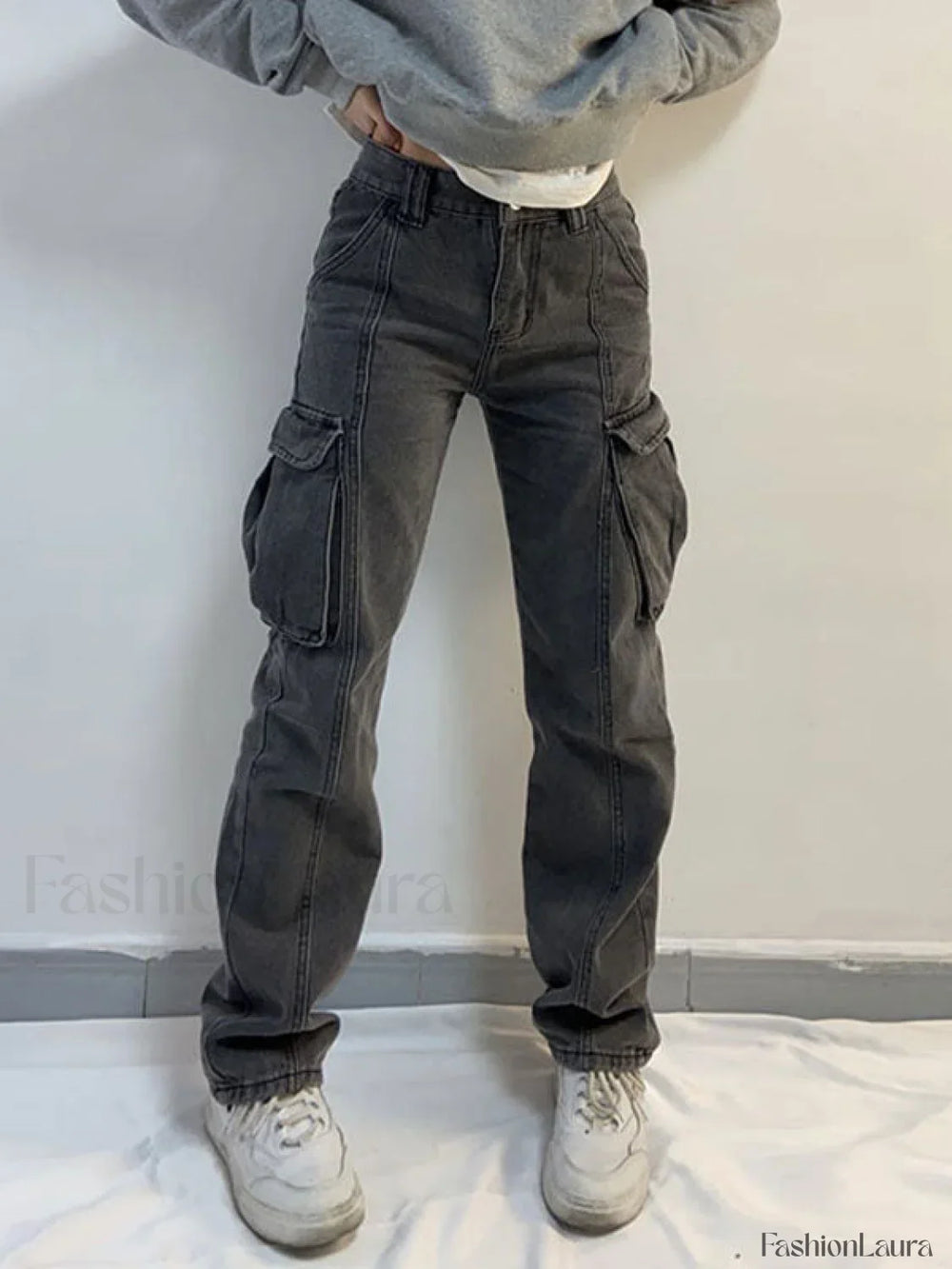 Washed Mid Waist Pocket Cargo Jeans Gray / S Cargo Jeans