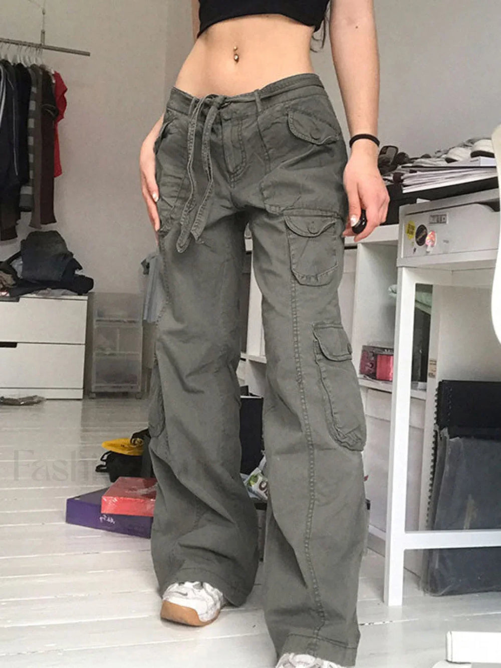 Washed Pocket Patched Cargo Jeans Gray / S Cargo Jeans