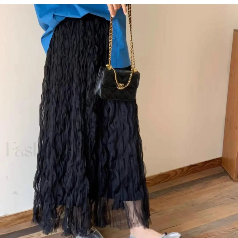 Wave Pleated High Waist Solid Fashion Skirt Black / One Size