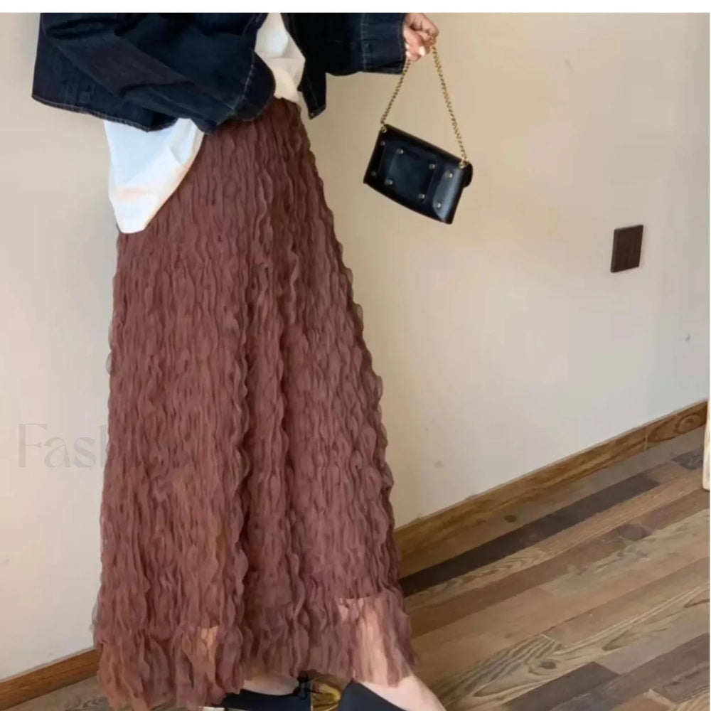Wave Pleated High Waist Solid Fashion Skirt coffee / One Size
