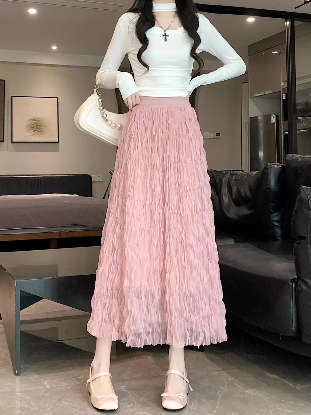 Wave Pleated High Waist Solid Fashion Skirt Pink / One Size