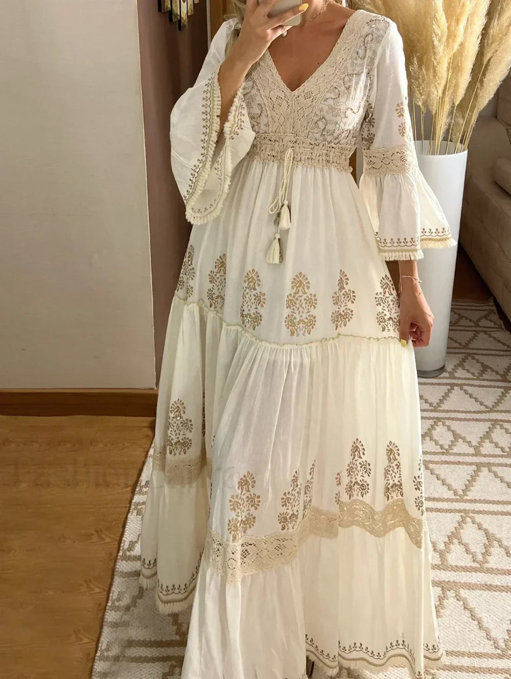 White Flare Sleeve Ethnic Boho Dress