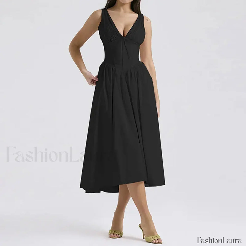 White Floral V Neck Midi Dress Black / S