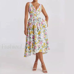 White Floral V Neck Midi Dress Yellow / S