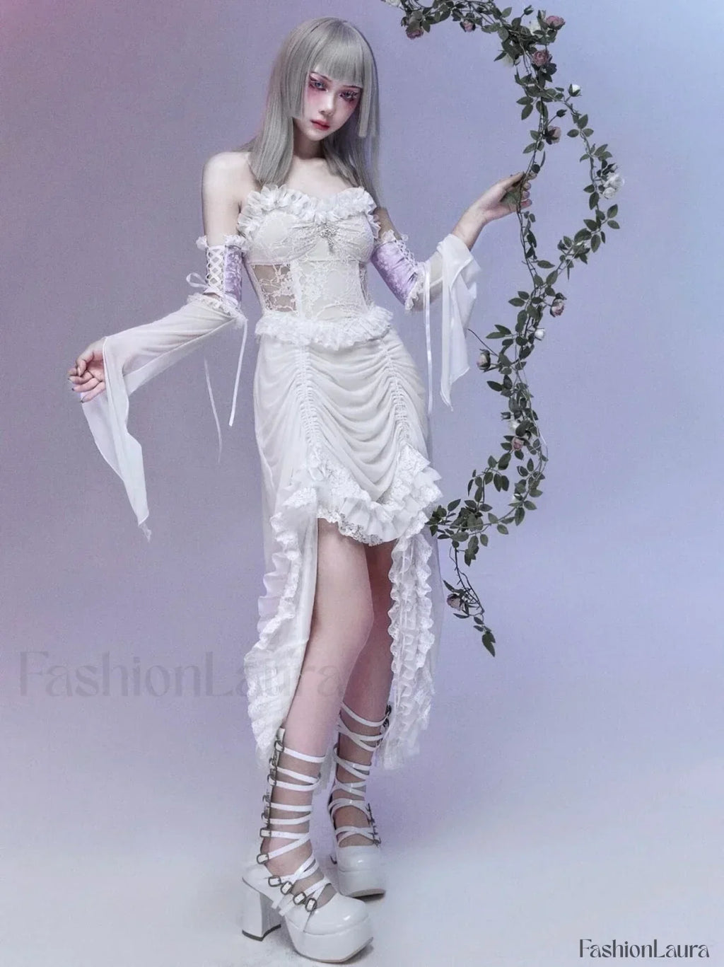 White Gothic Rope Lace Flying Sleeve Stiletto Strap Asymmetric Light Lolita Summer Party Evening