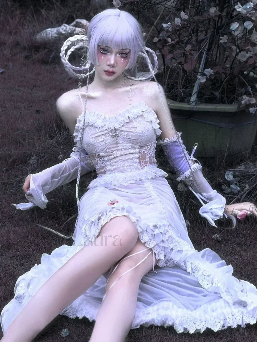 White Gothic Rope Lace Flying Sleeve Stiletto Strap Asymmetric Light Lolita Summer Party Evening